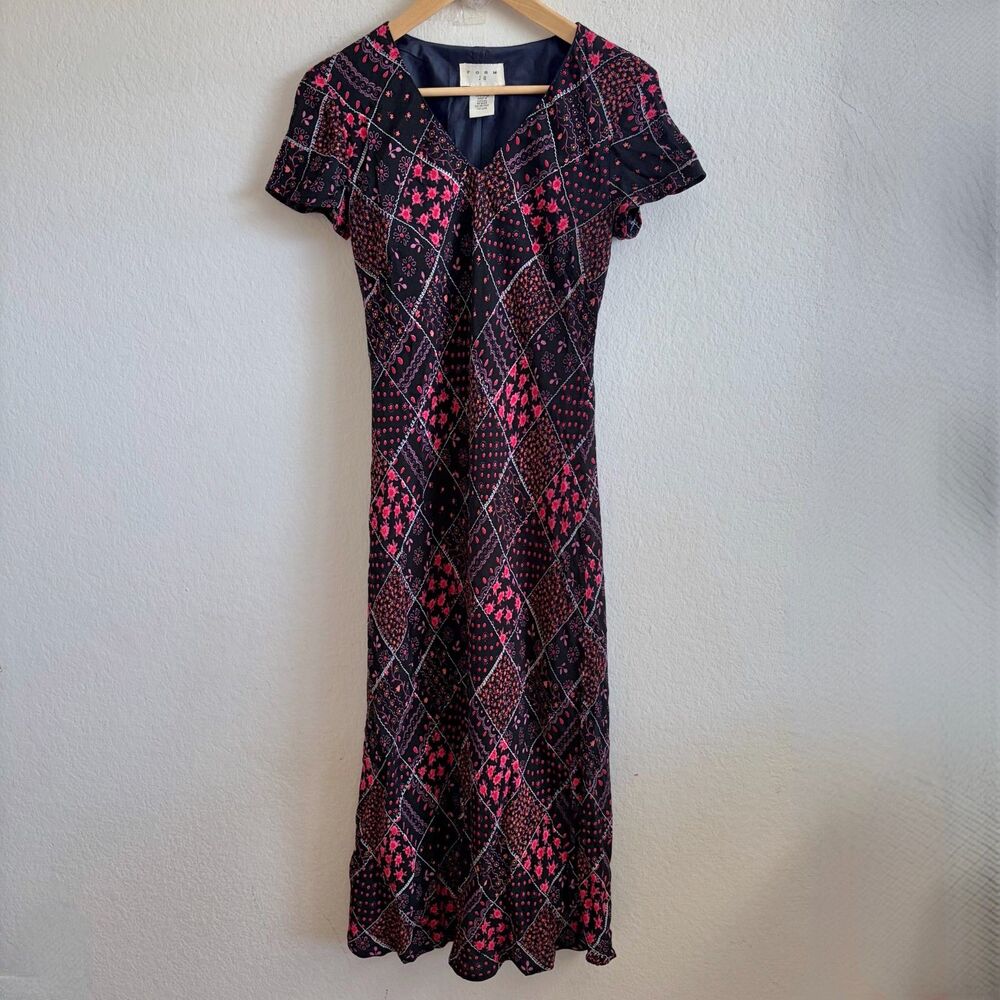 FORM JH Vintage 90s Black Pink Floral Patchwork V-Neck Slip Maxi Dress Womens 6